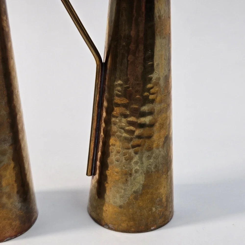 Vintage Hammered Brass Pitcher Pair Mid Century Modern Decorative Vases 7.5in